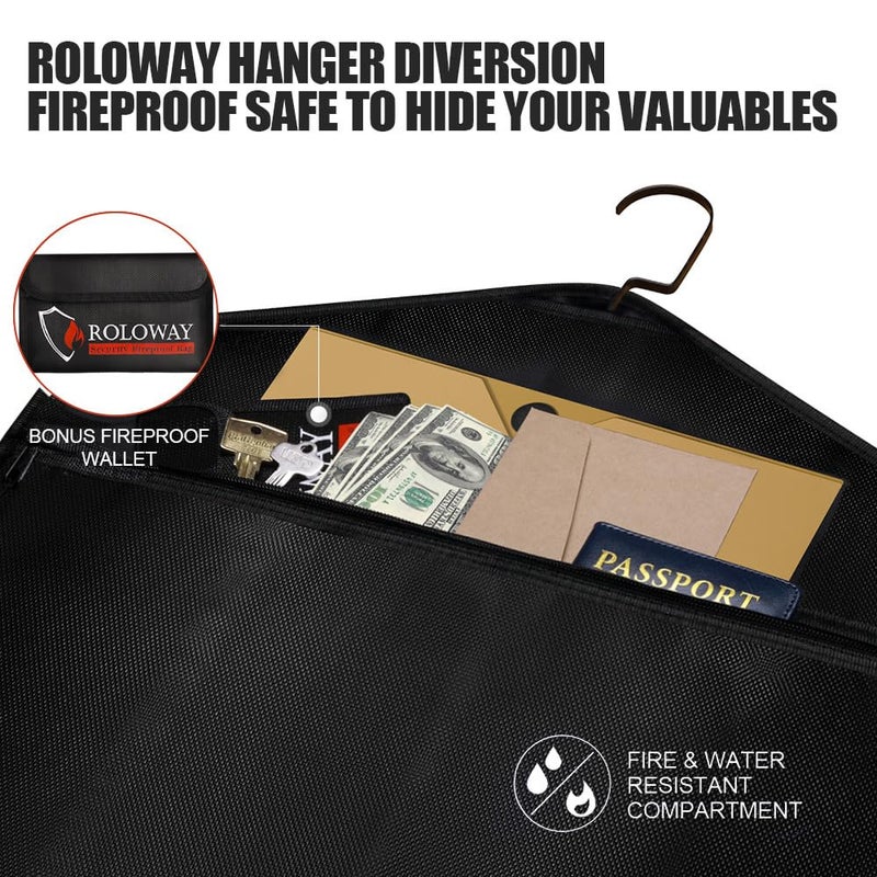 ROLOWAY خزنة مقاومة للحريق ROLOWAY مع شماعة، حجرة مخفية للمنزل والسفر، خزنة سرية لإخفاء النقود تحت الملابس مع حقيبة صغيرة مقاومة للحريق - Image 3